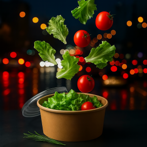 Frischer Salat mit grünen Blättern und roten Cherrytomaten in einer braunen Papierschale, Zutaten schweben dynamisch darüber. Im Hintergrund verschwommene Lichter einer nächtlichen Stadt mit fließendem Verkehr – moderne Urbanität trifft gesunde Ernährung