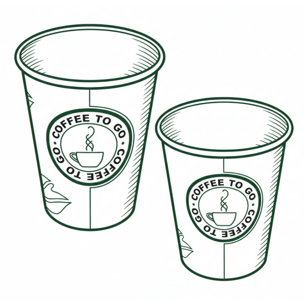 Stilisierte Linienzeichnung von zwei Coffee-to-go-Bechern mit Deckel, unterschiedlich groß und nebeneinander positioniert. Beide Becher zeigen ein rundes Logo mit der Aufschrift ‚COFFEE TO GO‘ und einem dampfenden Kaffeebecher-Symbol in der Mitte.