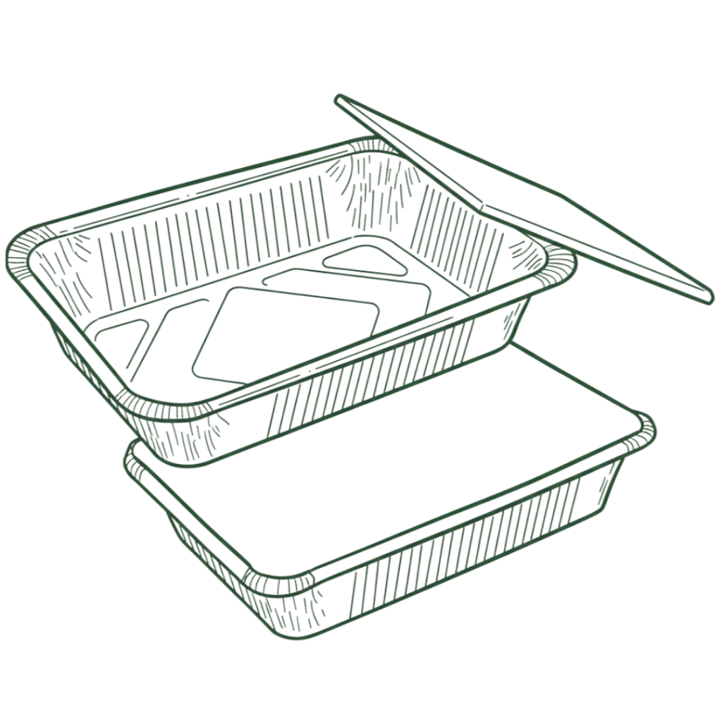Die Darstellung zeigt drei übereinander angeordnete Teile – Deckel, Mittelteil und Boden – mit abgerundeten Ecken und gerippten Seiten für Stabilität. Der Behälter eignet sich zur Verpackung und Aufbewahrung von Lebensmitteln