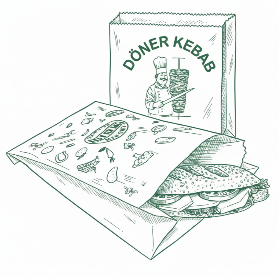 Detailreiche Linienzeichnung eines halb in Papier gewickelten Döner-Kebabs mit Sesambrötchen, gefüllt mit Fleisch, Salat und Gemüse. Im Hintergrund steht eine bedruckte Papiertüte mit der Aufschrift ‚DÖNER KEBAB‘ und einer Illustration eines Kochs mit Drehspieß. Das Wickelpapier zeigt diverse Lebensmittelmotive wie Kräuter und Gemüse