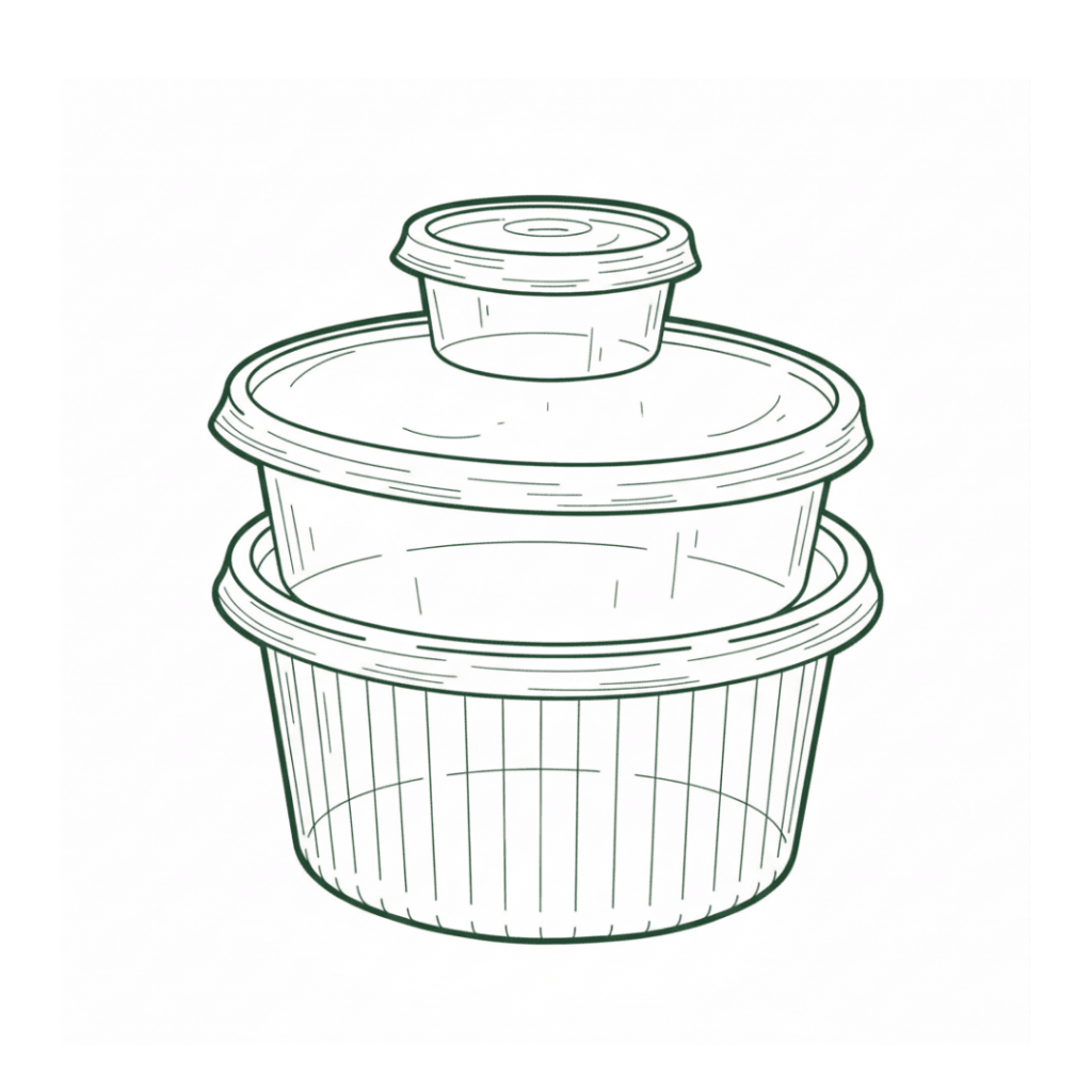 Linienzeichnung von drei zylindrischen Lebensmittelbehältern mit Deckel, ineinander gestapelt. Der größte Behälter befindet sich unten, darüber ein mittelgroßer und ein kleiner Behälter. Die Illustration zeigt Konturen und Texturen zur Darstellung von Form und Material, ideal für die Organisation und Aufbewahrung von Speisen.