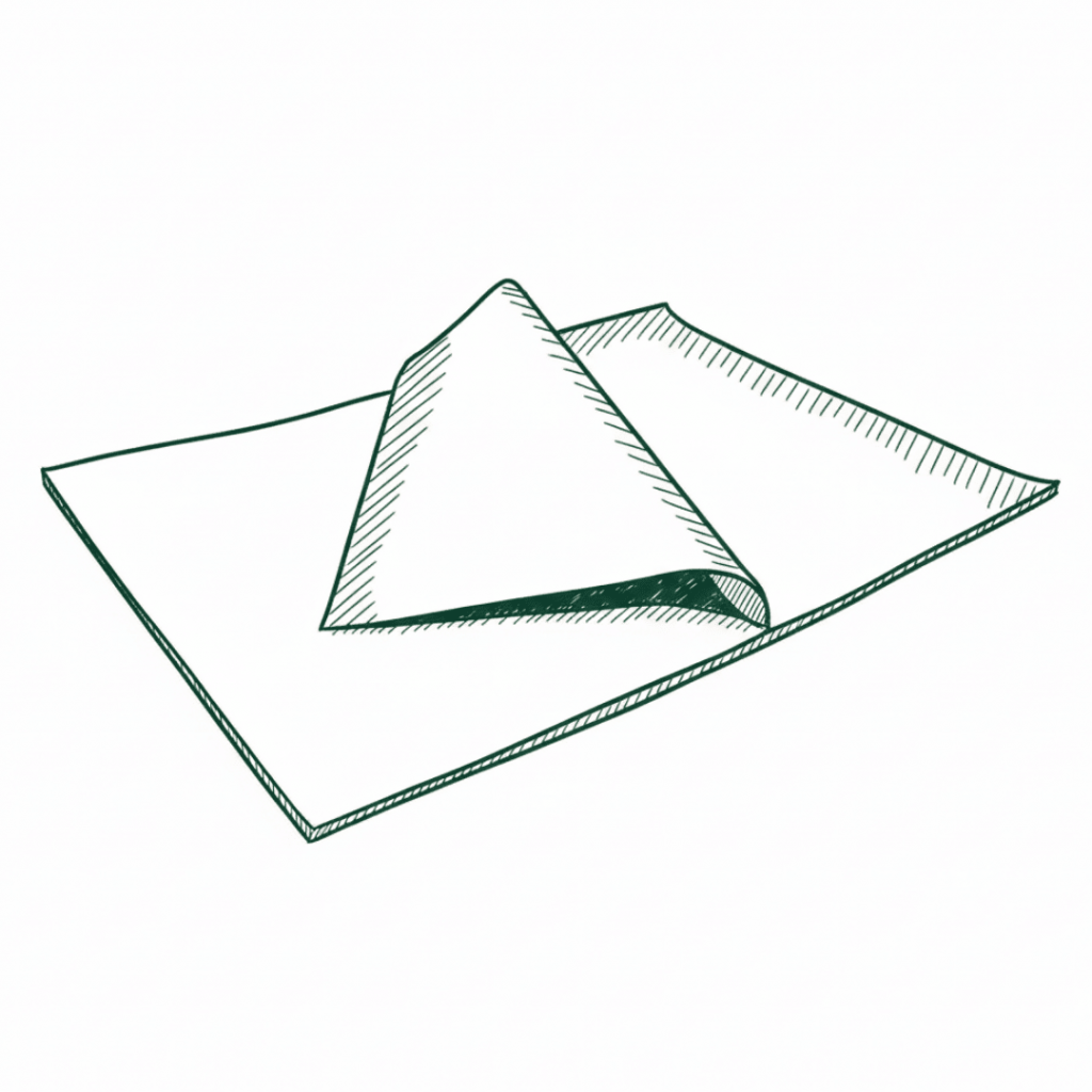 Handgezeichnete Skizze eines Blatt Papiers mit einer nach innen gefalteten Ecke. Die Darstellung nutzt Schraffuren zur Betonung von Tiefe und Perspektive und verleiht dem Papier eine dreidimensionale Wirkung