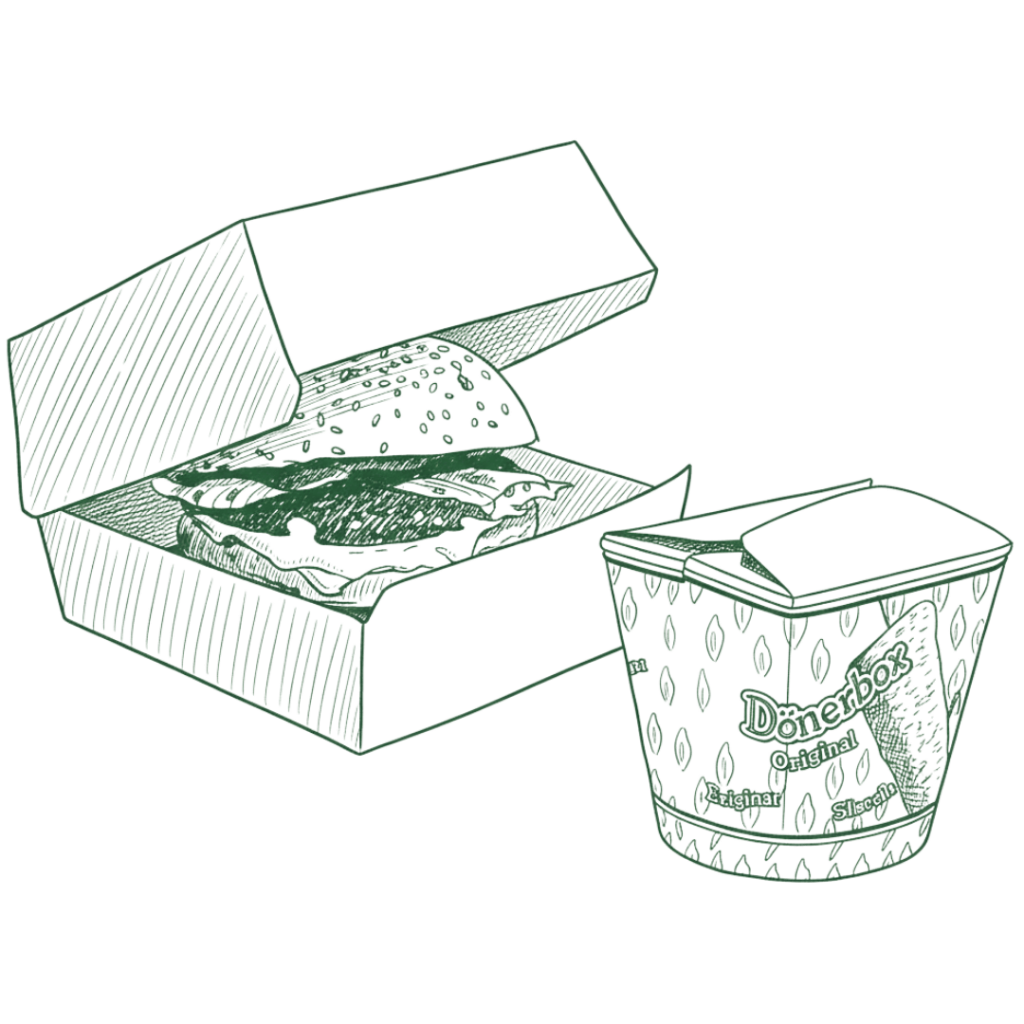 Stilisierte Zeichnung eines geöffneten Donut-Kartons mit einem Donut mit Glasur und Streuseln sowie eines dekorativen Bechers mit Deckel und der Aufschrift ‚Donuts Original‘. Die Illustration verwendet grüne und blaue Linien im minimalistischen Stil.