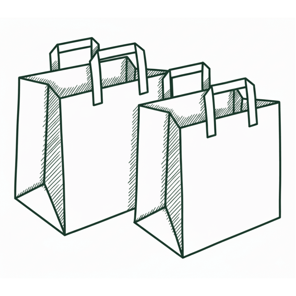 Linienzeichnung von zwei rechteckigen Papiereinkaufstaschen mit sichtbaren Henkeln. Die Taschen stehen nebeneinander, eine leicht vor der anderen, mit Schattierungen zur Darstellung von Tiefe und Perspektive