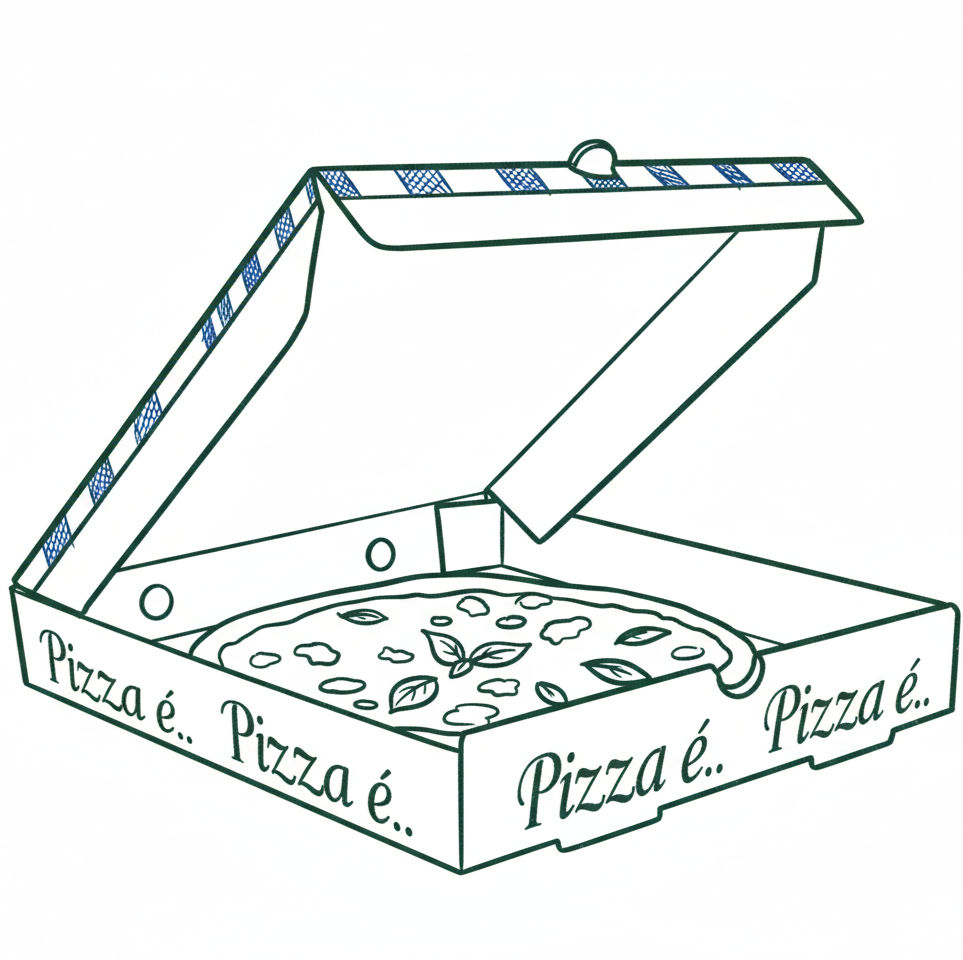 Illustration einer geöffneten Pizzaschachtel mit einer belegten Pizza darin. Die Box zeigt ein blau-weiß kariertes Muster am Rand und den Schriftzug ‚Pizza é..‘ an den Seiten. Die Zeichnung ist stilisiert und verwendet grüne und blaue Linien