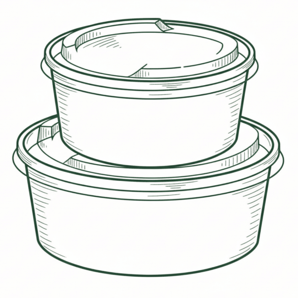 Linienzeichnung von zwei runden Lebensmittelbehältern mit Deckel, übereinandergestapelt. Die Behälter bestehen aus Kunststoff oder einem ähnlichen Material und verfügen über eine Lasche zum einfachen Öffnen. Die Illustration zeigt eine kompakte Lösung zur Aufbewahrung oder Mitnahme von Speisen