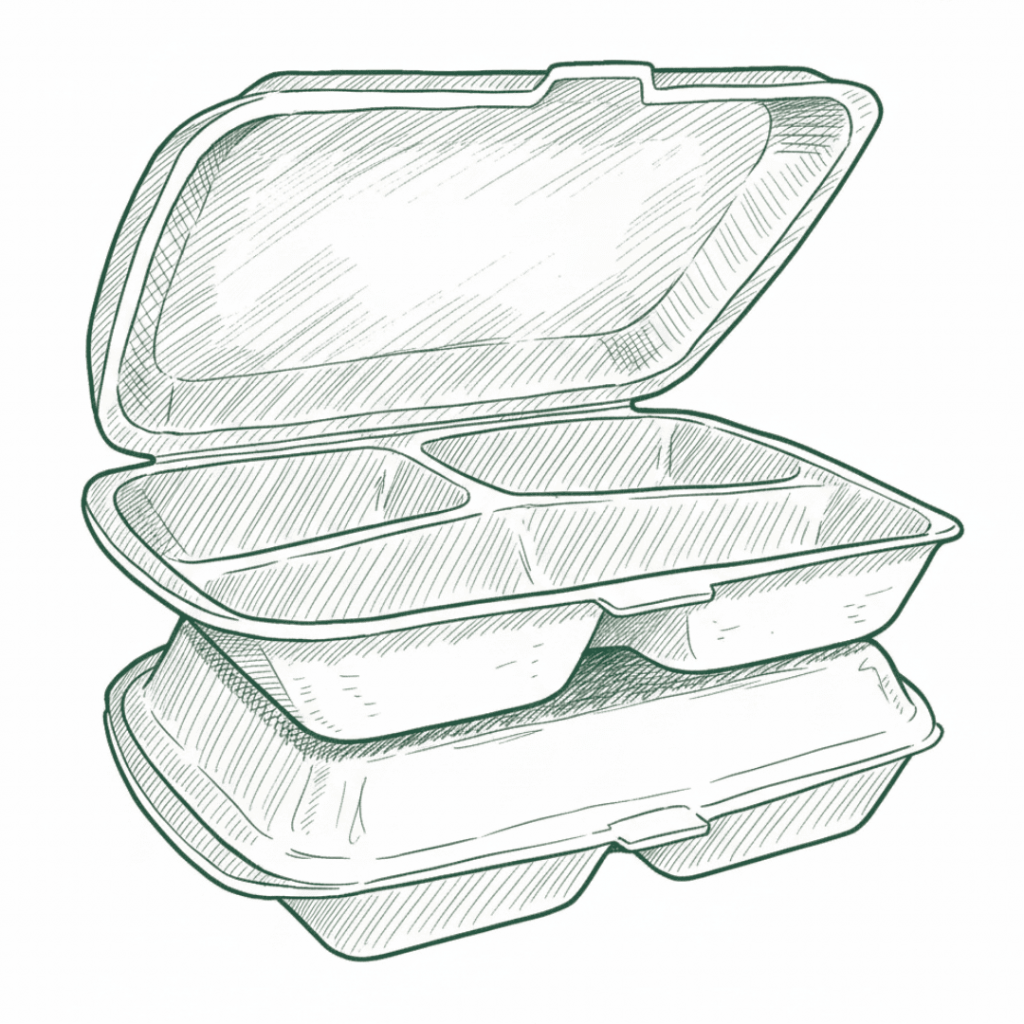 Skizzenhafte Darstellung eines geöffneten Takeaway-Behälters mit drei getrennten Fächern zur Portionierung von Speisen. Darunter ist ein geschlossener, gestapelter Behälter desselben Typs zu sehen. Die Illustration verwendet Schraffuren und Linien zur Betonung von Form und Struktur